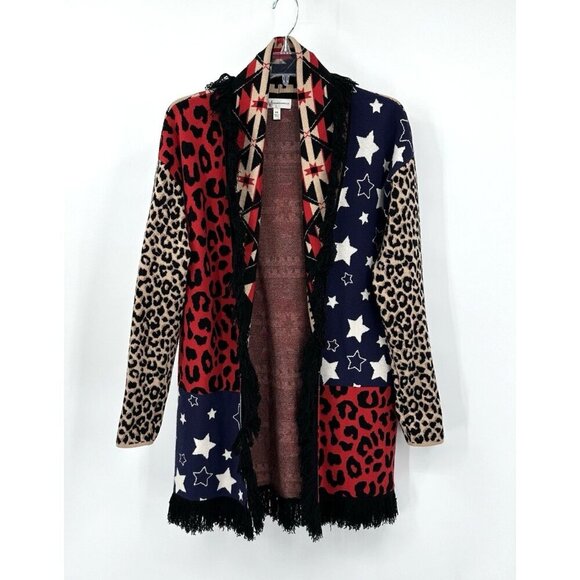 NEIMAN MARCUS cardigan sweater tunic fringe mixed print stars aztec knit XS - Picture 1 of 6